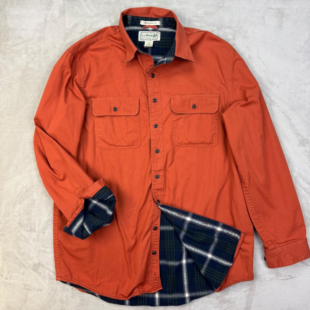 Vintage LL Bean Men Large Tall Hurricane Shacket Flannel Lined Burnt Orange